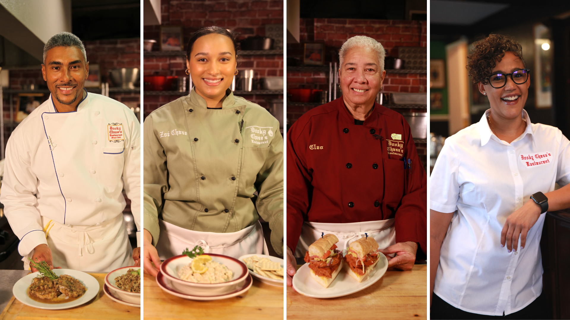 From left to right Leah Chase’s grandson, Edgar “Dook” Chase IV, Leah’s great-granddaughter Zoe Chase, Leah’s niece Cleo Robinson, and Leah’s granddaughter Eve Marie Haydel